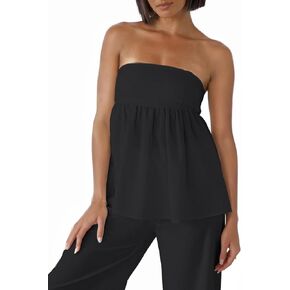 Women Strapless Bandeau Tube Top Ruffle Hem Off Shoulder Sleeveless Pleated Peplum Blouse Flowy Casual Going Out Tanks