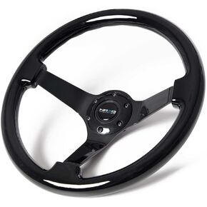 NRG Innovations ST-036BK-BK Classic Black Wood Grain Wheel (3" Deep, 350mm, 3 Solid spoke center in Black Chrome)
