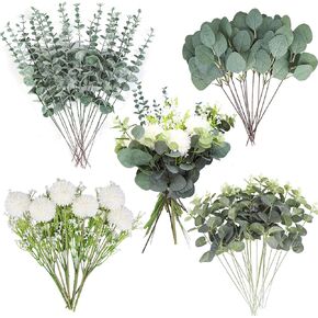 70 Pcs Mixed Eucalyptus Leaves Stems Artificial Silver Dollar Flower Bulk Faux Eucalyptus Branches Picks Dried Eucalyptus Bundle Greenery Stems for Wedding Vase Bouquet Floral Arrangement Decor