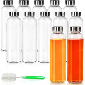12 Pack Glass Water Bottles, 16oz Clear Glass Bottles with Stainless Steel Lids, Reusable Glass Drink Bottles with Caps, Juice Bottles for Juicing, Kombucha