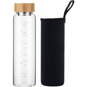 Glass Water Bottle 32 oz Wide Mouth with Sleeve Bamboo Lid 1 Litre Motivational Water Bottle With Time Marker Reusable Safe for Hot Cold Drinks Bpa Free (Gray)