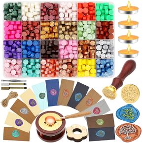 Sealing Wax Kit, 650 Pieces Wax Letter Seal Kit with 24 Colors Wax Seal Beads, Sealing Wax Warmer, Vintage Envelopes, 2 Wax Stamp,Spoon Holder Metallic Pen for Wax Seal, Crafts and Decoration
