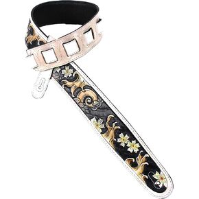 Walker And Williams LHR-26 Antique White Handmade Premium Carving Leather Guitar Strap With Sumi-E Wave Scene For Acoustic, Electric, And Bass Guitars