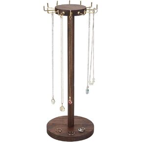 AHANDMAKER Wood Necklace Display Stand, 16.14 Inch Wooden Jewelry Display Organizer Stands with 12 Hooks, Circular Tabletop Holder for Necklace and Bracelet Display and Storage, Brown