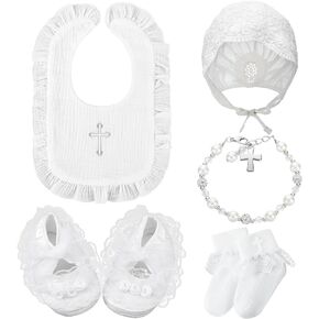 5 Pcs Baptism Bib for Baby Christening Socks Shoes Baby Bonnet Lace Hat Cross Charm Bracelet White Baptism Outfits for Girls Toddler Infant First Communion Baptism Gift