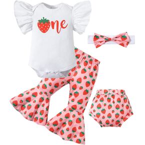 LENSOUS 4PCS Set Baby Girls First Birthday Outfits Flowers Strawberry One Derful Flared Pants Set with Headband