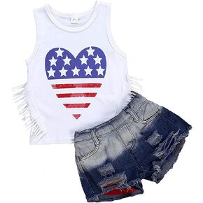 Toddler Baby Girl Fourth of July Outfits Halter Star Top + Ripped Hole Denim Shorts Kids Girl 4th of July Clothes Set