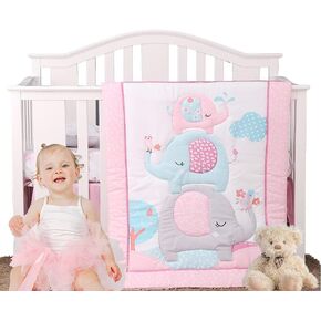 Pink Elephant Baby Crib Bedding Set 3 Pieces Baby Nursery Bedding Sets with Baby Comforter,Crib Fitted Sheet, Crib Skirt for Girls , Full in Saudi Arabia
