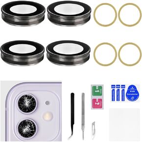 2 Sets for iPhone 11 Gold HD Tempered Back Camera Lens Cover Replacement for iPhone11 Rear Camera Lens Frame Kit Dual-Sided Adhesive with Fix Tool Repair Kit Tweezers A2111 A2223 A2221