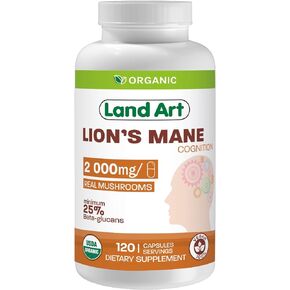 Land Art Certified Organic Lion's Mane - Cognition & Memory - 120 Capsules - 2000mg- Fruiting Body - Multiple Extraction - Over 25% Beta-glucans