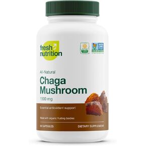 Organic Chaga Mushrooms – Strongest DNA Verified 1500mg Per Serving – High in Fiber – Non GMO, Gluten & Soy Free, Vegan Friendly