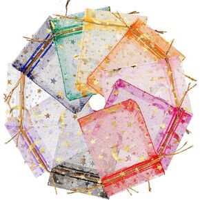 Naler 100pcs Moon Star Organza Bags, Drawstring Organza Jewelry Candy Bags,2.6x3.5 Inch Small Gift Bags, Mixed Color Gift Bags Pouches for Christmas Wedding Party,Eid Mubarak Party Favor Bags