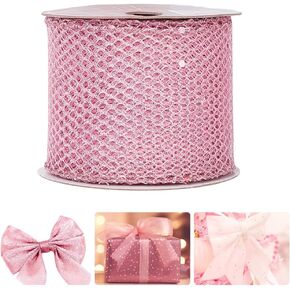9m Pink Glitter Wired Ribbon, Flamingo Color Wire Edge Ribbon Sparkling Web Mesh Ribbon Metallic Edge Ribbon for Gift Wrapping Wreaths Making Christmas Tree