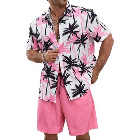 WDIRARA Men's 2 Piece Outfits Tropical Print Short Sleeve Collared Shirt and Drawstring Shorts Set