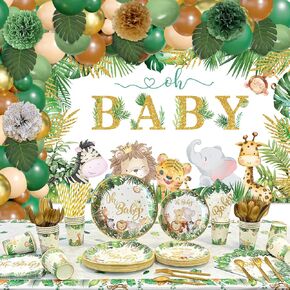 Safari Jungle Baby Shower Decorations for Boy Girl ,258 PCS Jungle Safari Animal Party Decorations Supplies (20 Guest) with Paper Plates Cups Napkins Tablecloth Backdrop Balloons Arch Kit