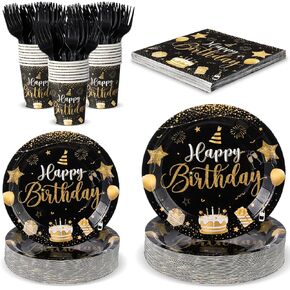 120 Pcs Happy Birthday Party Supplies Disposable Party Tableware Serves 24 Included 7 Inch 9 Inch Plates Napkins Cups Forks for Men Woman 50th Birthday Party Decorations (Black and Red)