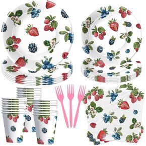Berry Party Decorations Tableware - Blueberry Strawberry Birthday Party Supplies, Paper Plate, Cup, Napkin, Fork, Berry Sweet Birthday Baby Shower Table Decorations Dinnerware | Serve 24