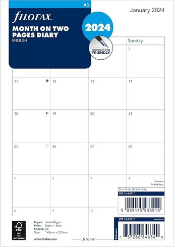 Filofax Calendar Diary Refill, A5 Size, Month-to-View, White Paper, English, 2024 (C68510-24) in Saudi Arabia