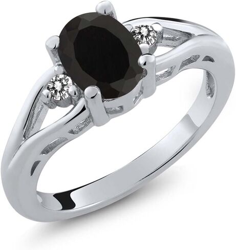 Gem Stone King 925 Sterling Silver Black Onyx and White Diamond 3 Stone Engagement Ring For Women | 1.32 Cttw | Oval 8X6MM | Round 2MM | Gemstone December Birthstone | Available in Size 5,6,7,8,9 in Saudi Arabia