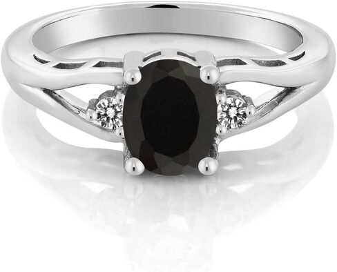 Gem Stone King 925 Sterling Silver Black Onyx and White Diamond 3 Stone Engagement Ring For Women | 1.32 Cttw | Oval 8X6MM | Round 2MM | Gemstone December Birthstone | Available in Size 5,6,7,8,9 in Saudi Arabia