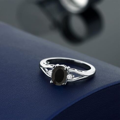 Gem Stone King 925 Sterling Silver Black Onyx and White Diamond 3 Stone Engagement Ring For Women | 1.32 Cttw | Oval 8X6MM | Round 2MM | Gemstone December Birthstone | Available in Size 5,6,7,8,9 in Saudi Arabia