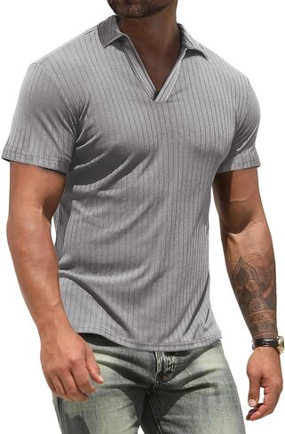 Polo Shirts for Men Short Sleeve Loose Fit Casual Turn Down Collar V Neck Stretch Knit Golf Shirts in Saudi Arabia