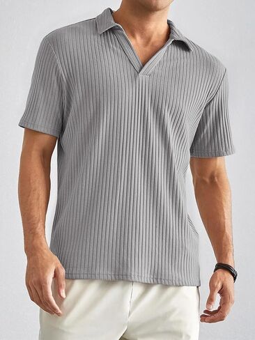 Polo Shirts for Men Short Sleeve Loose Fit Casual Turn Down Collar V Neck Stretch Knit Golf Shirts in Saudi Arabia