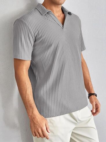 Polo Shirts for Men Short Sleeve Loose Fit Casual Turn Down Collar V Neck Stretch Knit Golf Shirts in Saudi Arabia