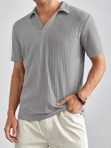 Polo Shirts for Men Short Sleeve Loose Fit Casual Turn Down Collar V Neck Stretch Knit Golf Shirts in Saudi Arabia