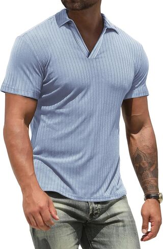 Polo Shirts for Men Short Sleeve Loose Fit Casual Turn Down Collar V Neck Stretch Knit Golf Shirts in Saudi Arabia
