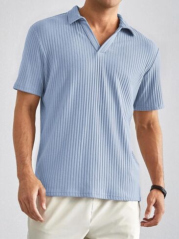 Polo Shirts for Men Short Sleeve Loose Fit Casual Turn Down Collar V Neck Stretch Knit Golf Shirts in Saudi Arabia