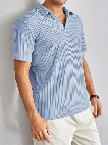 Polo Shirts for Men Short Sleeve Loose Fit Casual Turn Down Collar V Neck Stretch Knit Golf Shirts in Saudi Arabia