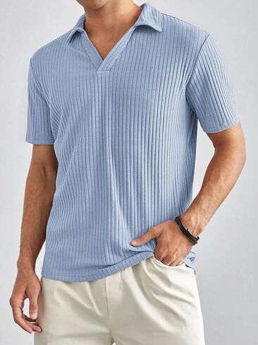 Polo Shirts for Men Short Sleeve Loose Fit Casual Turn Down Collar V Neck Stretch Knit Golf Shirts in Saudi Arabia