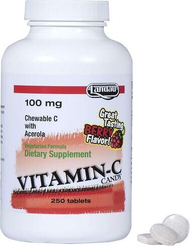 Landau 100mg Chewable Vitamin C Candy for Kids & Adults – Easy-to-Take Vitamin C Supplement with Acerola – Kosher & Made in The USA – Great Tasting Berry Flavor, 250 Tablets in Saudi Arabia