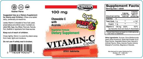 Landau 100mg Chewable Vitamin C Candy for Kids & Adults – Easy-to-Take Vitamin C Supplement with Acerola – Kosher & Made in The USA – Great Tasting Berry Flavor, 250 Tablets in Saudi Arabia