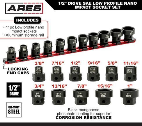 ARES 29021 - مجموعة مقابس تأثير نانو ذات 11 قطعة مقاس 1/2 بوصة SAE - توفر مقابس درجة التأثير خلوصًا أكبر من المقابس الضحلة النموذجية - تتضمن سكة تخزين من الألومنيوم in Kuwait
