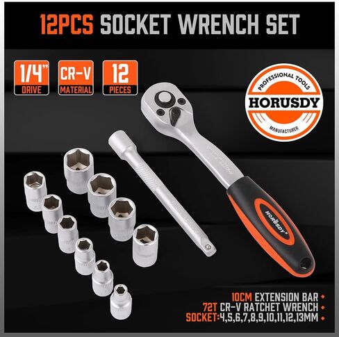 HORUSDY 12 قطعة 1/4 بوصة مجموعة مفاتيح ربط بسقاطة، مجموعة مقابس محرك، مآخذ 4 مم - 13 مم ومقبض سقاطة سريع التحرير وشريط تمديد 10 سم in Kuwait
