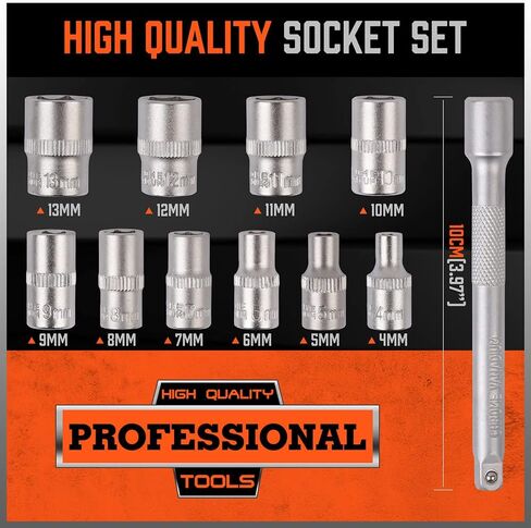 HORUSDY 12 قطعة 1/4 بوصة مجموعة مفاتيح ربط بسقاطة، مجموعة مقابس محرك، مآخذ 4 مم - 13 مم ومقبض سقاطة سريع التحرير وشريط تمديد 10 سم in Kuwait