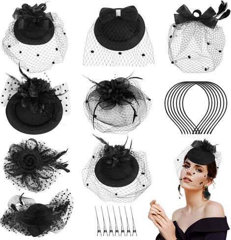 8 Pcs Fascinators Hats, Vintage Black Veil Hats with Hairclip & Headband, Feather Lace Flower Mesh Hat, Women Girls Elegant Headgear for Cocktail Tea Party Wedding Cosplay Masquerade in Saudi Arabia