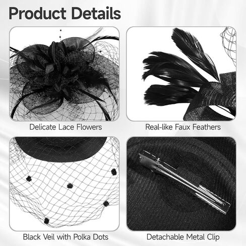 8 Pcs Fascinators Hats, Vintage Black Veil Hats with Hairclip & Headband, Feather Lace Flower Mesh Hat, Women Girls Elegant Headgear for Cocktail Tea Party Wedding Cosplay Masquerade in Saudi Arabia