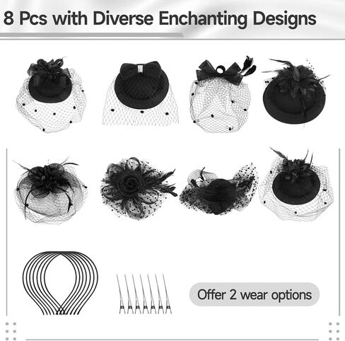 8 Pcs Fascinators Hats, Vintage Black Veil Hats with Hairclip & Headband, Feather Lace Flower Mesh Hat, Women Girls Elegant Headgear for Cocktail Tea Party Wedding Cosplay Masquerade in Saudi Arabia