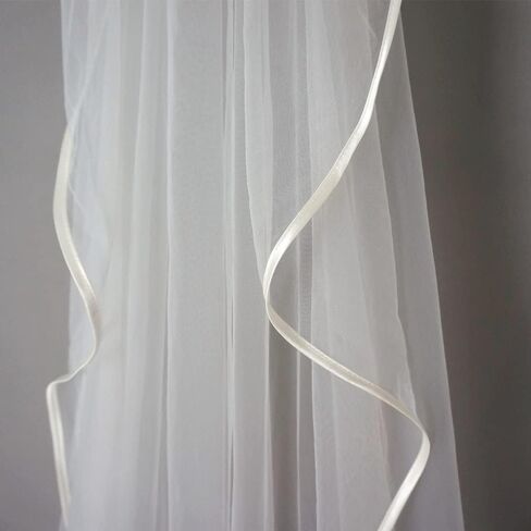 Ribbon Wrapped Edge Cathedral Wedding Veil with Comb One Layer 1 Tier Simple Elegant Bridal Hair Accessory in Kuwait