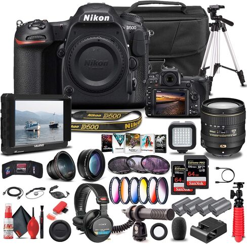 Nikon D500 DSLR Camera (Body Only) (1559) + Nikon 16-80mm Lens + 4K Monitor + Pro Headphones + Pro Mic + 2 x 64GB Cards + Case + Corel Photo Software + Tripod + 3 x EN-EL 15 Battery + More (Renewed) in Saudi Arabia