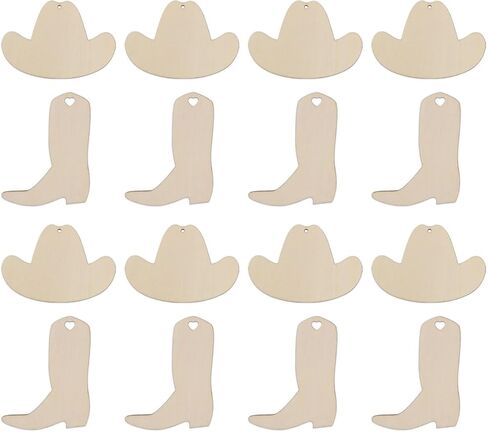 30pcs Mini Cowboy Hat and Boot Wood DIY Crafts Cutouts Blank 2" Wooden Cowboy Hat and Boot Shaped Hanging Ornaments Gift Tags for Wedding Birthday Christmas Party Decorations in Saudi Arabia