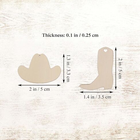30pcs Mini Cowboy Hat and Boot Wood DIY Crafts Cutouts Blank 2" Wooden Cowboy Hat and Boot Shaped Hanging Ornaments Gift Tags for Wedding Birthday Christmas Party Decorations in Saudi Arabia