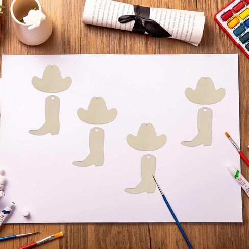 30pcs Mini Cowboy Hat and Boot Wood DIY Crafts Cutouts Blank 2" Wooden Cowboy Hat and Boot Shaped Hanging Ornaments Gift Tags for Wedding Birthday Christmas Party Decorations in Saudi Arabia
