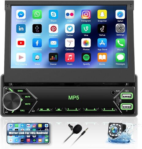 ستيريو سيارة بشاشة تعمل باللمس مقاس 7 بوصات وشاشة قابلة للطي وراديو السيارة في وحدة رأس لوحة القيادة يدعم بلوتوث راديو FM ومرآة وصلة صوت السيارة مع USB/TF/AUX-in SWC + كاميرا احتياطية + ميكروفون in Kuwait