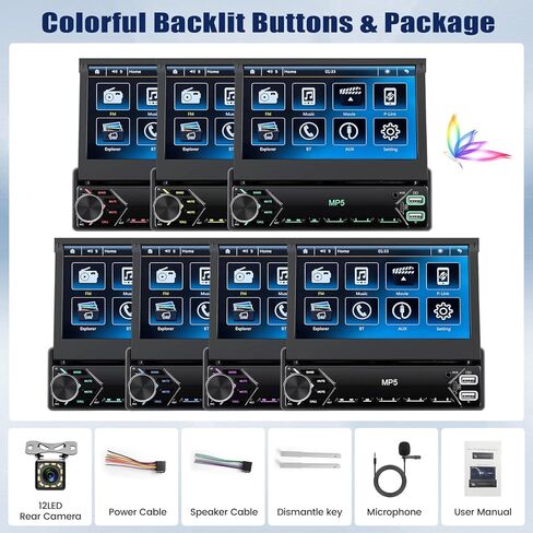 ستيريو سيارة بشاشة تعمل باللمس مقاس 7 بوصات وشاشة قابلة للطي وراديو السيارة في وحدة رأس لوحة القيادة يدعم بلوتوث راديو FM ومرآة وصلة صوت السيارة مع USB/TF/AUX-in SWC + كاميرا احتياطية + ميكروفون in Kuwait