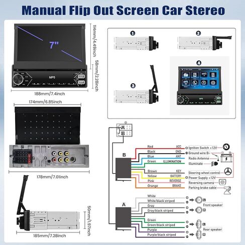ستيريو سيارة بشاشة تعمل باللمس مقاس 7 بوصات وشاشة قابلة للطي وراديو السيارة في وحدة رأس لوحة القيادة يدعم بلوتوث راديو FM ومرآة وصلة صوت السيارة مع USB/TF/AUX-in SWC + كاميرا احتياطية + ميكروفون in Kuwait