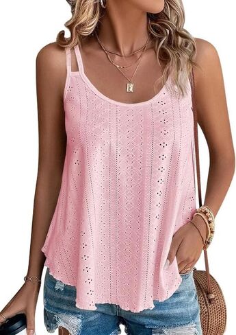 Summer Tank Tops Embroidery for Women Sleeveless Loose Fit Scoop Neck Casual Blouse Sexy Cute Cami for Womens Trendy in Saudi Arabia